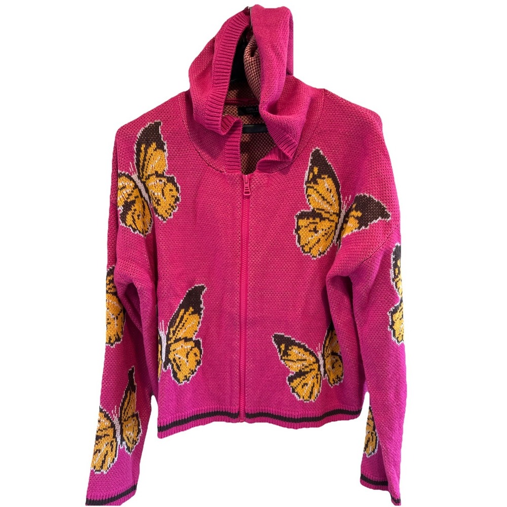 Witty Fox FAB! Y2K Super Soft! Butterfly Hooded Cardigan Sweater in Hot Pink L